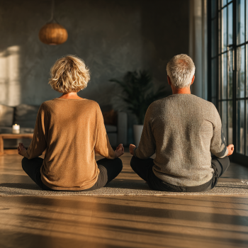 Спокоен възрастен човек медитира в йога поза