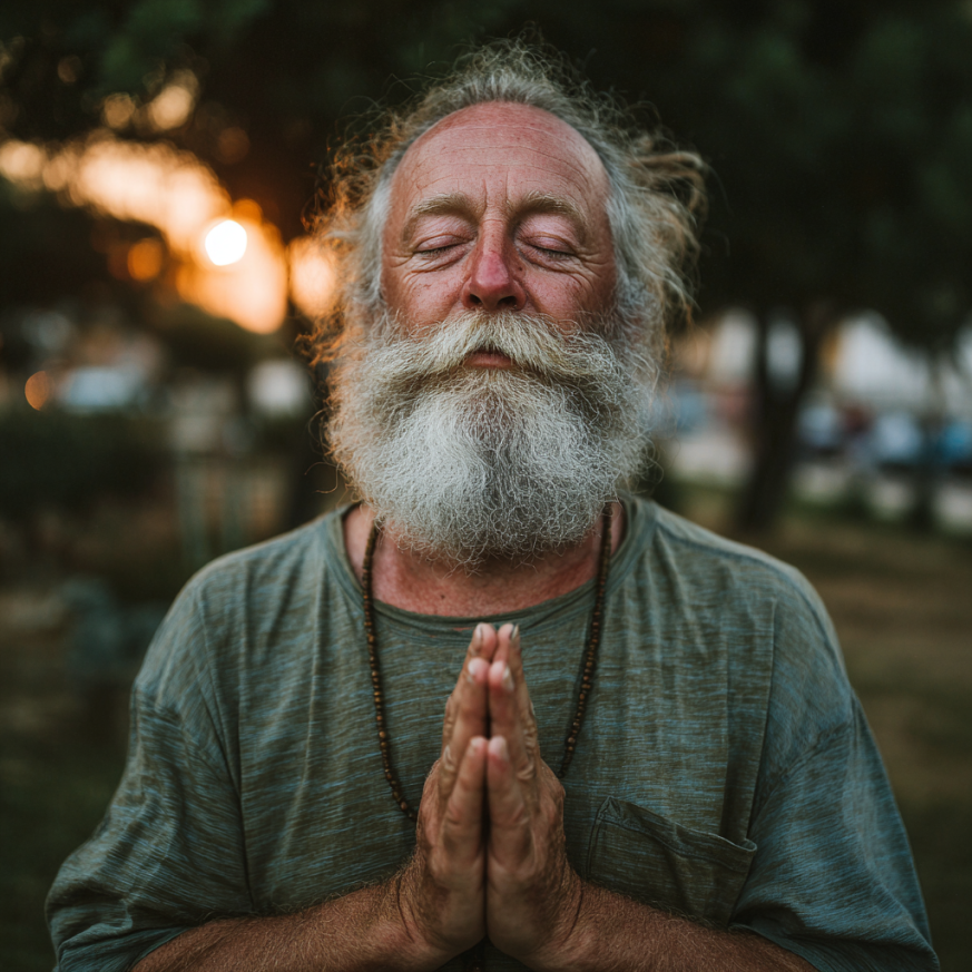 Спокоен възрастен човек медитира в йога поза
